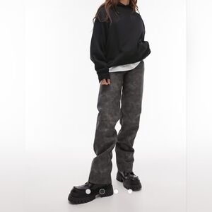 Topshop Women's Pants Faux Leather Washed High Rise Straight Leg Gray
